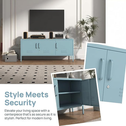 3 Door Lockable Metal TV Stand Storage Cabinet with Accent Cabinet Locker, Wide Heavy Duty Media Console for Large 100+ Inch TVs, Home Office Entertainment Center, Blue 22"H X 47.3"W X 13.8"D