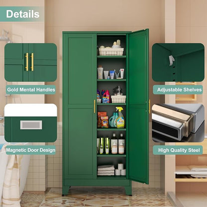 Metal Pantry Cabinet with 2 Doors and 5 Adjustable Shelves, 75"Kitchen Storage cabinets with Gold Handles, Versatile Storage for Laundry Room, Living Room, Bathroom, Dinning Room, Utility Room-Green