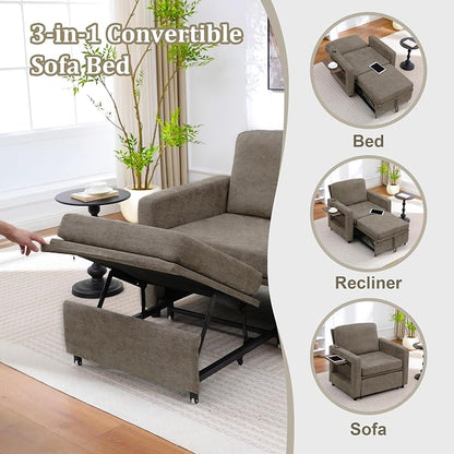 3 in 1 Folding Convertible Sleeper Sofa Bed Pull Out Couch with Side Pockets USB Port Side Table Single Sofa Bed with Adjustable Backrest for Living Room Bedroom 66" Darkbrown 1 SEAT