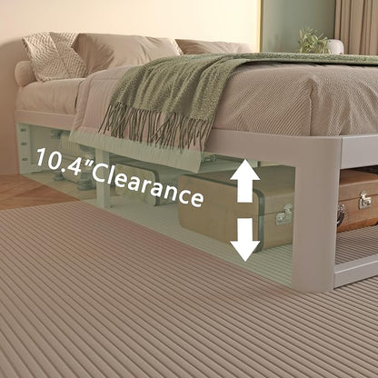 VYM 12 Inch Queen Bed Frame No Box Spring Needed, Platform Bed Frame with Metal Gaskets, Heavy Duty Steel Slat Support 3500 LBS, Anti-Slip Mattress Stopper, Round Corner Leg, Easy Assembly, White