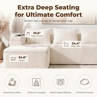 Modular Sectional U-Shaped Sofa with Deep Seat, Modern Boneless Comfy Corduroy Fluffy Couch with Side Pockets and Anti-Slip & Floor-Friendly Bottom for Living Room, No Assembly, White