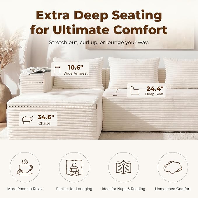 Modular Sectional L-Shaped Sofa with Deep Seat, Modern Boneless Comfy Corduroy Fluffy Couch with Side Pockets and Anti-Slip & Floor-Friendly Bottom for Living Room, No Assembly, White