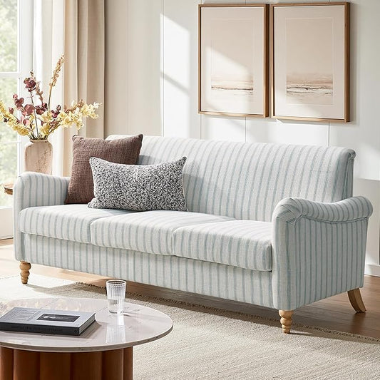HULALA HOME Farmhouse Curved Couch with Stripe Pattern, 3 Seater Sofa with Solid Wood Spindle Legs and Rolled Wide Armrests, Comfy Upholstered Sofa for Living Room Bedroom, Blue