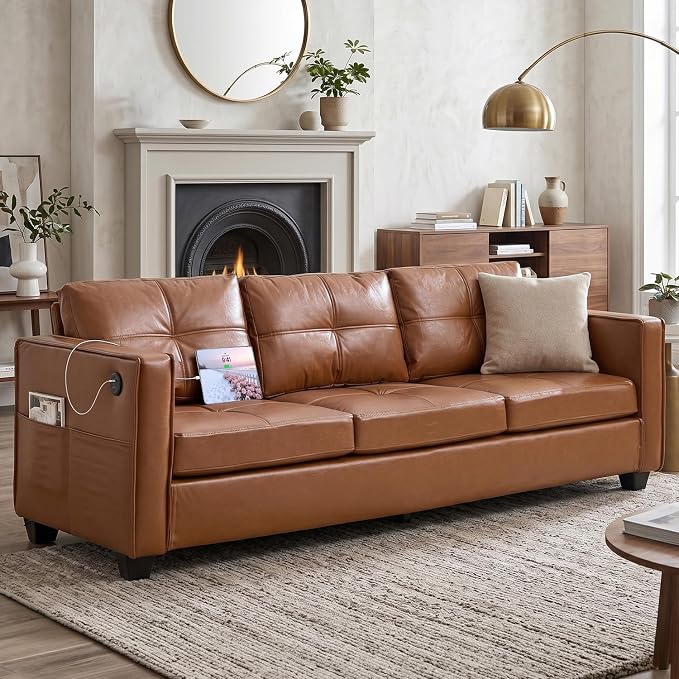 TYBOATLE 88" W Faux Leather Couches for Living Room w/Side Pockets, Tufted Mid-Century Modern Comfy Leather Couch w/USB and Wider Arms, 3 Seater Sofa for Office, Apartment, Bedroom, Brown