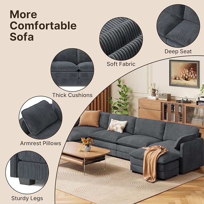 Gizoon 4 Seater Modular Sectional Cloud Sofa with 2 Movable Ottomans U Shaped Corduroy Deep Seat Sofa Couches with Double Layer Upholstered Seat Cushion, Pet-Friendly Fabric, Gray