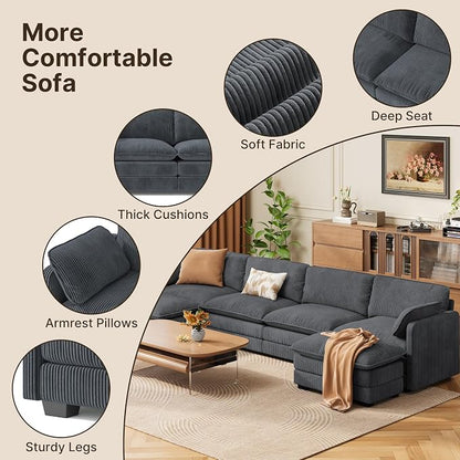 Gizoon 4 Seater Modular Sectional Cloud Sofa with 2 Movable Ottomans U Shaped Corduroy Deep Seat Sofa Couches with Double Layer Upholstered Seat Cushion, Pet-Friendly Fabric, Gray