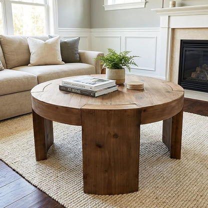 Solid Wood Round Coffee Table, 31.5-Inch Farmhouse Circle Center Cocktail Tea Table for Living Room, Wood Home Living Room Furniture, Easy Assembly, Rustic Brown