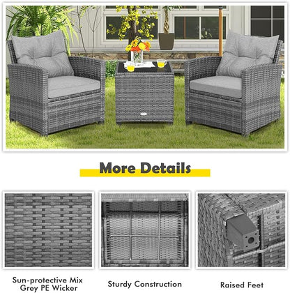 COSTWAY 3-Piece Patio Furniture Set, Outdoor Wicker Rattan Sofa with Cushions, Coffee Table with Tempered Glass, Conversation Sofa Set for Poolside Backyard Balcony (Grey)