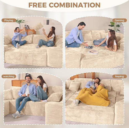 Luxanimarion 136'' Sectional Cloud Couches with Chaise, U Shaped Boneless Oversized 6 Seater Sofa, No Assembly Required Deep Seat Lounge for Living Room 3PCS Set, Bedroom(Khaki)