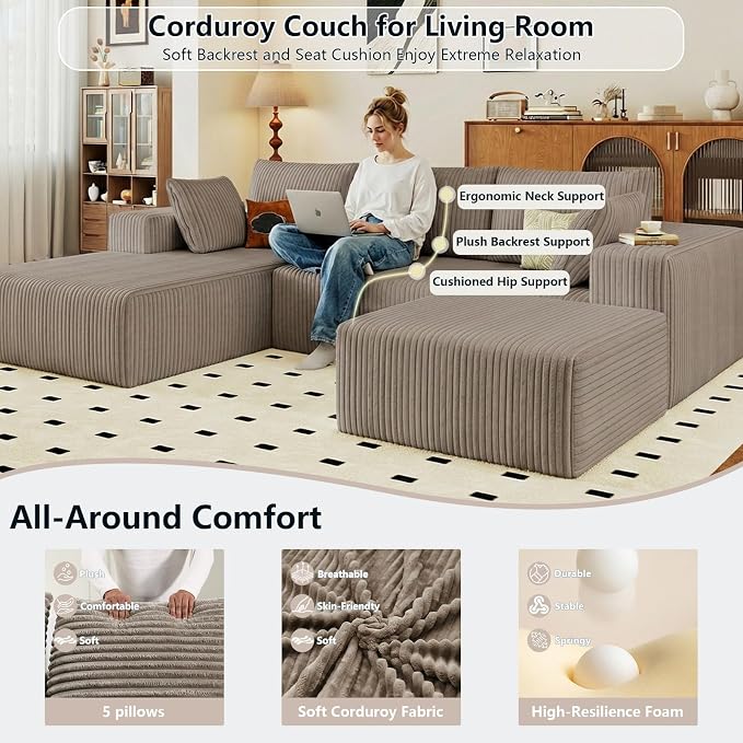 95" Cloud Sectional Couch U-Shaped Chaise with Ottoman, Corduroy Boneless Couch for Living Room Bedroom, Deep-Seat Upholstered Modular Cloud Sofa, No Assembly Required (Camel, Left Facing Chaise)