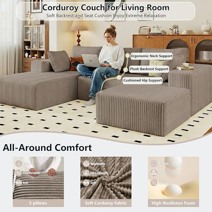 95" Cloud Sectional Couch U-Shaped Chaise with Ottoman, Corduroy Boneless Couch for Living Room Bedroom, Deep-Seat Upholstered Modular Cloud Sofa, No Assembly Required (Camel, Left Facing Chaise)