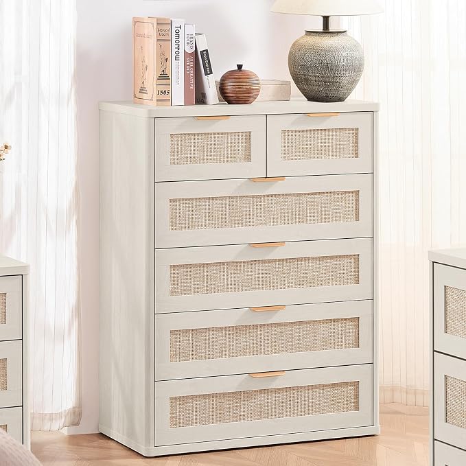 LEYAOYAO White Dresser for Bedroom, 41" Tall Chest of Drawers, Modern 6 Drawers Boho Rattan Dressers with Storage, Dresser Wooden Closet Organizer for Living Room, Hallway