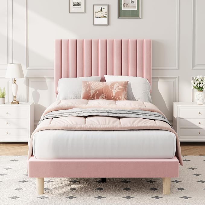 IDEALHOUSE Twin Bed Frame with Adjustable Headboard, Velvet Upholstered Platform Bed Frame Twin Size, Vertical Channel Tufted, Strong Wooden Slats, No Box Spring Needed, Easy Assembly, Pink
