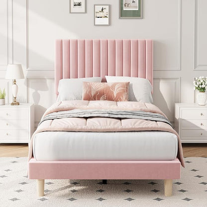 IDEALHOUSE Twin Bed Frame with Adjustable Headboard, Velvet Upholstered Platform Bed Frame Twin Size, Vertical Channel Tufted, Strong Wooden Slats, No Box Spring Needed, Easy Assembly, Pink