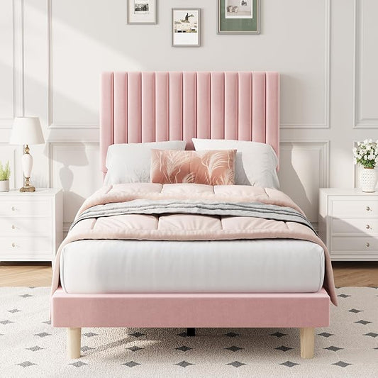 IDEALHOUSE Twin Bed Frame with Adjustable Headboard, Velvet Upholstered Platform Bed Frame Twin Size, Vertical Channel Tufted, Strong Wooden Slats, No Box Spring Needed, Easy Assembly, Pink