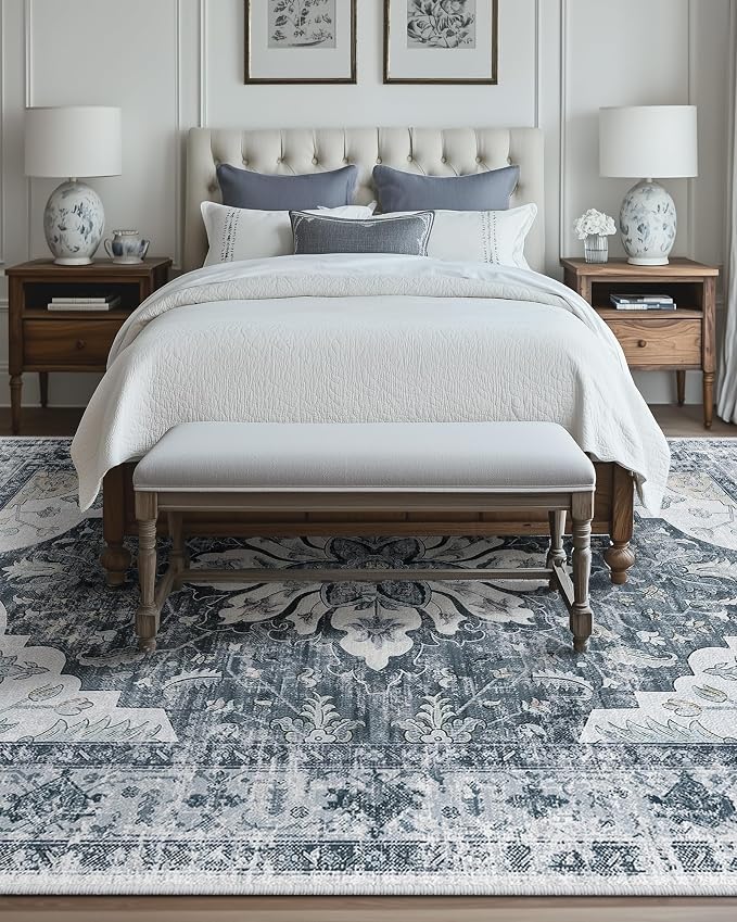 RELEANY Area Rugs Large 9'x12' Washable Non-Slip, Floral Vintage Distress Medallion Carpet for Living Room Bedroom Dining Room, Light Gray Grey White