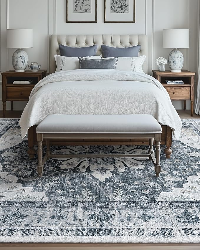 RELEANY Area Rugs Large 10'x14' Washable Non-Slip, Floral Vintage Distress Medallion Carpet for Living Room Bedroom Dining Room, Light Gray Grey White