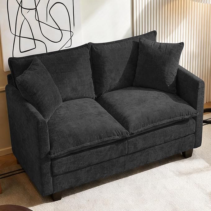 Loveseat Sofa, 52'' Modern Cloud Sofa Couch with 27" Deep Seat & 2 Pillows, Comfy Chenille Small Couch for Small Spaces, Apartment, Studio, Bedroom, Living Room (Black, Loveseat)