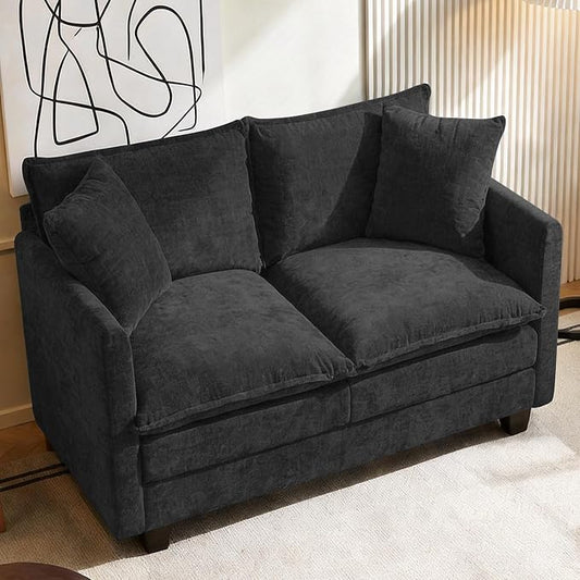Loveseat Sofa, 52'' Modern Cloud Sofa Couch with 27" Deep Seat & 2 Pillows, Comfy Chenille Small Couch for Small Spaces, Apartment, Studio, Bedroom, Living Room (Black, Loveseat)