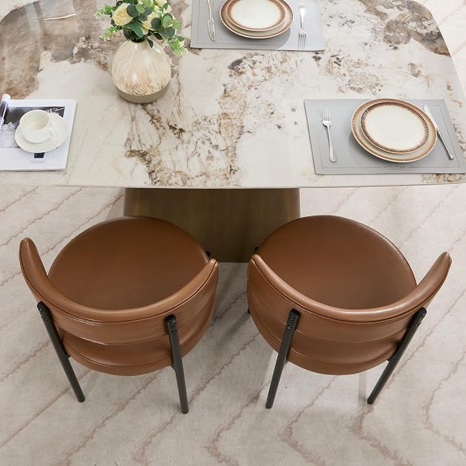 Faux Leather Dining Chairs Set of 6, Upholstered Kitchen and Dining Room Chairs, Mid-Century Modern Dining Chairs with Round Back and Black Metal Legs, Vegan Leather, Brown