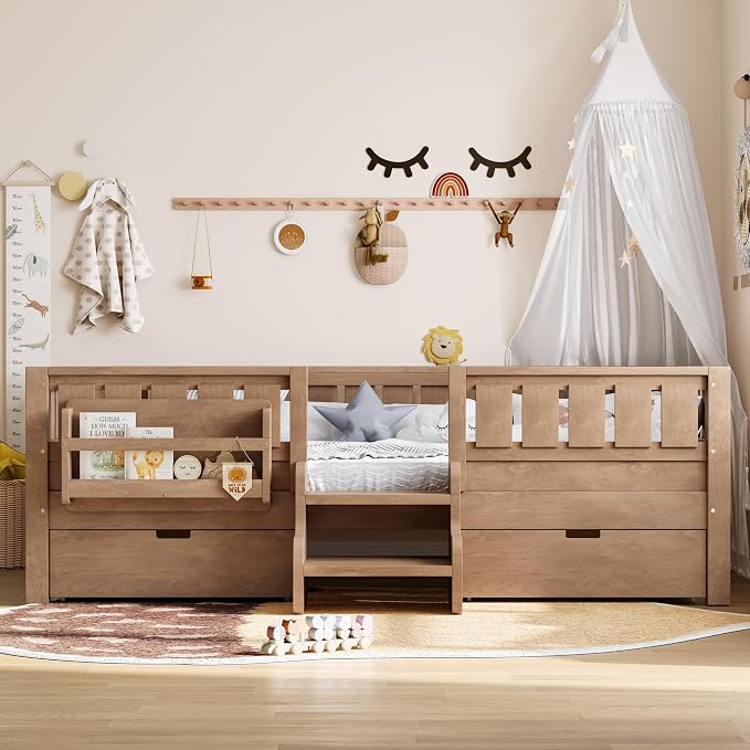 Bellemave Full Size Montessori Bed with Stairs, Safety Guardrails and Slats, Full Size Montessori Bed with Bookshelf and 2 Storage Drawers, Low Profile Beds Frame for Kids, Natural Platform Beds
