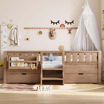 Bellemave Full Size Montessori Bed with Stairs, Safety Guardrails and Slats, Full Size Montessori Bed with Bookshelf and 2 Storage Drawers, Low Profile Beds Frame for Kids, Natural Platform Beds