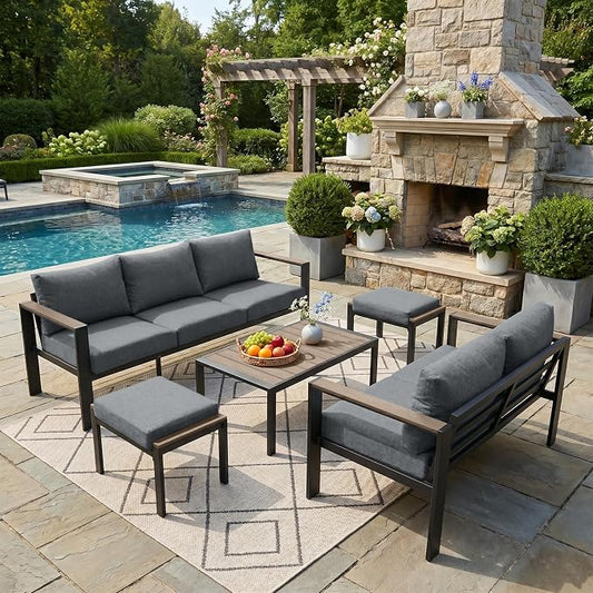 Patio Furniture Set 7 Seats and Coffee Table, 5 Pieces Patio Conversation Set with Thick Cushion, Ottomans, Deluxe Aluminum Modern Outside Sectional for Porch, Balcony, Deck, Yard, Light Gray