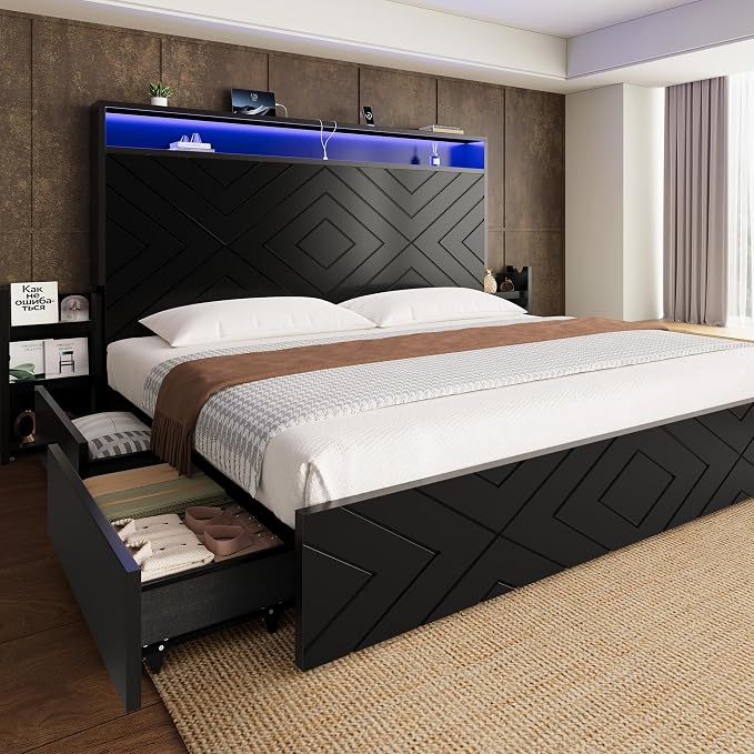 King Size Bed Frame with 2 Bedside Stoage Racks & 4 Locking Drawers, 51.18" Tall Headboard with Charging Station & RGB LED Lights, Farmehouse Platform Bed Frame, No Box Spring Needed, Black