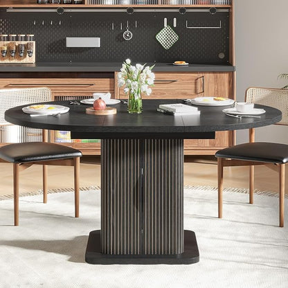 Extendable Black Round Dining Table for 4-6-8, 59 Inch Kitchen Dining Room Table with Storage, Modern Oval Circle Dinner Furniture, Fluted Wood Slide Door, for Home, Living Room, Farmhouse, Black