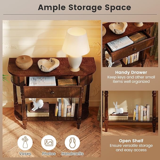 Giantex 2-Tier Console Table, 36" Retro Entryway Table with Storage Drawer & Elegant Legs, Narrow Wooden Sofa Table with Open Shelf for Living Room, Foyer, Hallway, Bedroom, Entrance (Brown)