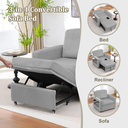 3 in 1 Folding Convertible Sleeper Sofa Bed Pull Out Couch with Side Pockets USB Port Side Table Single Sofa Bed with Adjustable Backrest for Living Room Bedroom 66" LIGHTGREY 1 SEAT