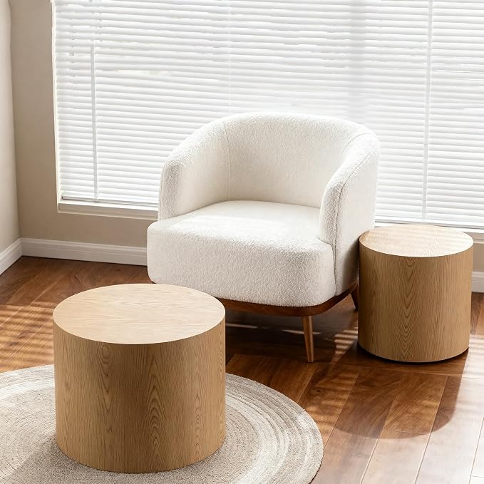 Nesting Round Coffee Table Set of 2, Small Circle Accent End Table for Small Spaces, Wooden Center Table, Morden Drum Side Table for Living Room, Fully Assembled - Natural