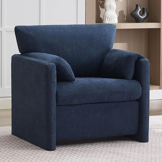 Oversized Accent Chair for Living Room, 32.68" Large Modern Armchair with Deep Seat, Mid-Century Comfy Reading Chair with Padded Arms, Chenille Single Sofa Chairs for Bedroom, Blue