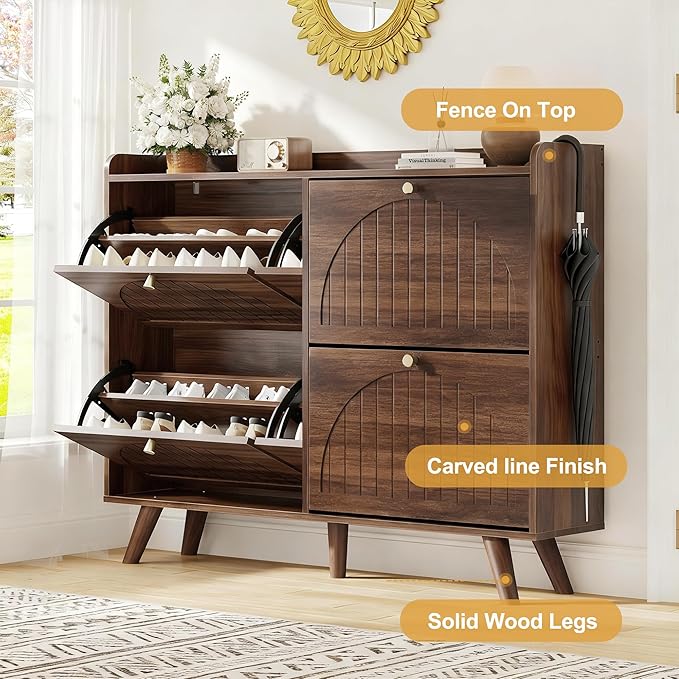 Decofy 47.2” Shoe Cabinet with 4 flip-Down Drawers, Three Adjustable Levels, freestanding Wooden Shoe Rack, Suitable for entryway, Hallway, and Living Room (Walnut)