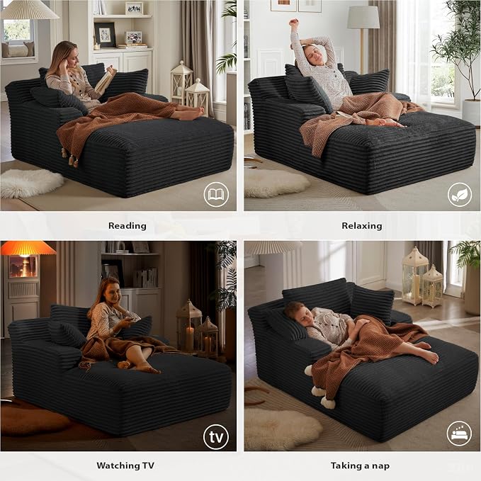 50 Inches Chaise Lounge Indoor, Oversized Chaise Lounge Chair with 3 Throw Pillows and Armrests, Corduroy Upholstered Plush Sofa Bed Lazy Chair Bed Sleeper Chair for Living Room Apartment (Black)