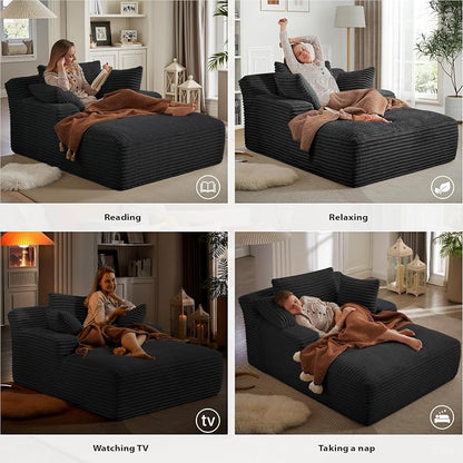 50 Inches Chaise Lounge Indoor, Oversized Chaise Lounge Chair with 3 Throw Pillows and Armrests, Corduroy Upholstered Plush Sofa Bed Lazy Chair Bed Sleeper Chair for Living Room Apartment (Black)