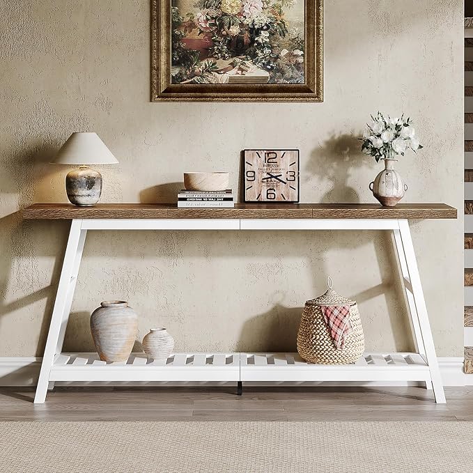 ChooChoo 70.9 Inch Long Console Tables for Entryway, Wood 2-Tier Entry Hallway Table, Narrow Sofa Table Behind Couch Table for Living Room, Entrance, White & Brown
