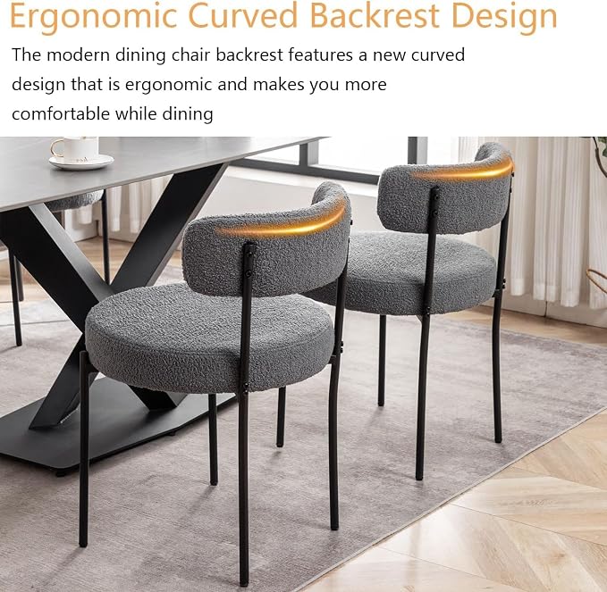 Cinxzar Grey Boucle Dining Chairs Set of 2, Upholstered Dining Room Chairs with Black Metal Legs, Round Modern Dining Chair for Dining Room, Kitchen