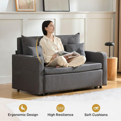 Busaurus 3 in 1 Convertible Sofa Bed, 56" Full Size Pull Out Couch, Loveseat Sleeper with Storage Pocket, USB, Comfy Sleeper Sofa Bed for Living Room, Bedroom, Small Space, Deep Grey