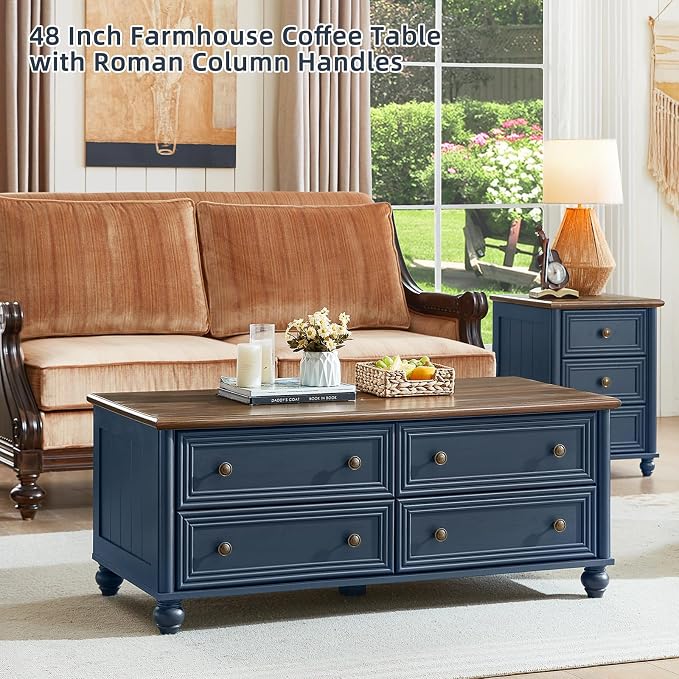 RWYHG 48" Farmhouse Coffee Table with Hidden Storage,Wooden Coffee Tables with 4 Drawers & Roman Column Handle,Rectangular Rustic Center Table with Solid Wood Curved Legs for Living Room,Office,Blue