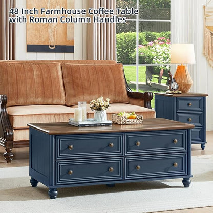 RWYHG 48" Farmhouse Coffee Table with Hidden Storage,Wooden Coffee Tables with 4 Drawers & Roman Column Handle,Rectangular Rustic Center Table with Solid Wood Curved Legs for Living Room,Office,Blue