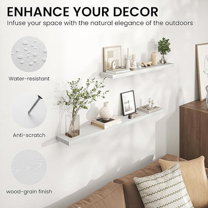 Heimlove Floating Shelves for Wall,16 inchs Shelf for Small Bathroom,Mounted Storage & Display Wood Shelves for Bedroom,Living Room,Kitchen,Office,Set of 2,White