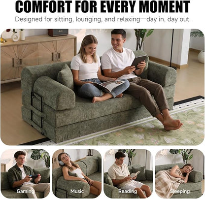 78.8" Memory Foam Boneless Couch, Corduroy Floor Sofa Bed, Convertible Sleeper Futon Loveseat, Wide Armrests & Back Support, Supports Up to 1200 lbs, Couch in a Box with 2 Pillows, Moss Green