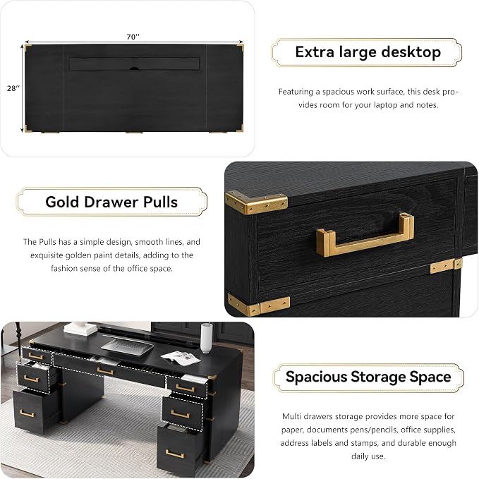 RuiSiSi 70” Extra-Large Classic and Traditional Executive Desk with Metal Edge Trim, Writing Desk with 2 File Drawers, USB Ports and Outlets, Black+Gold