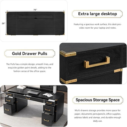 RuiSiSi 70” Extra-Large Classic and Traditional Executive Desk with Metal Edge Trim, Writing Desk with 2 File Drawers, USB Ports and Outlets, Black+Gold