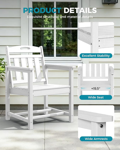 Ciokea HDPE Outdoor Patio Dining Chairs Set of 2, All-Weather Porch Chair with Wide Seat, Durable Outdoor Furniture for Backyard, Garden, Lawn & Poolside, White