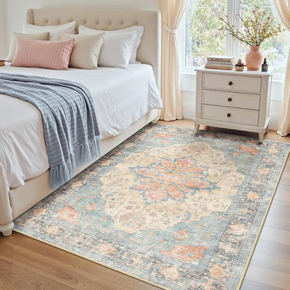 RELEANY Area Rugs 4'x6' Washable Non-Slip, Floral Vintage Distress Medallion Carpet for Living Room Bedroom Dining Room, Blue Orange Red