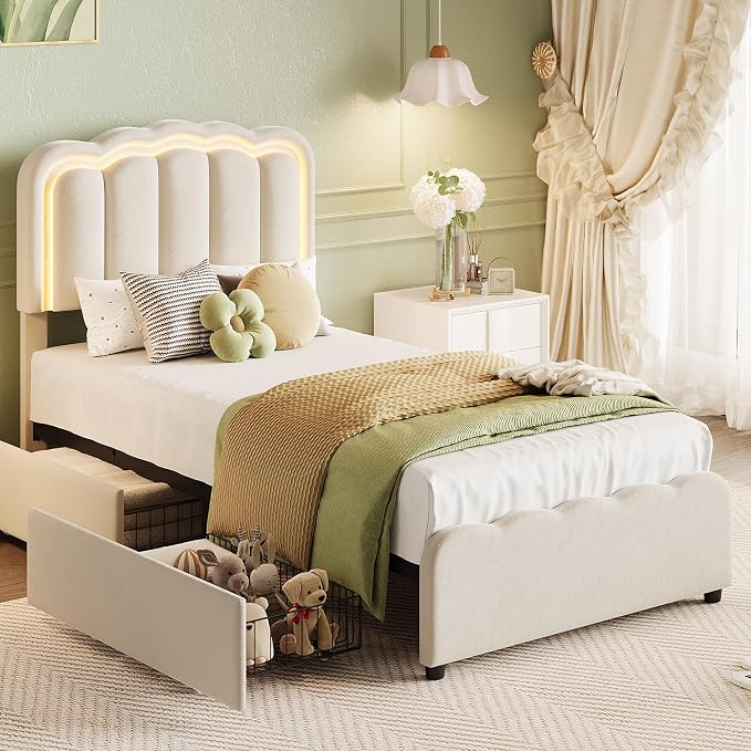 Garvee Twin Size Bed Frame with 2 Storage Drawers and LED Lights, Upholstered Platform Twin Bed with Adjustable Headboard, Wooden Slats Support, No Box Spring Needed, Easy Assembly, White