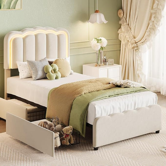 Garvee Twin Size Bed Frame with 2 Storage Drawers and LED Lights, Upholstered Platform Twin Bed with Adjustable Headboard, Wooden Slats Support, No Box Spring Needed, Easy Assembly, White