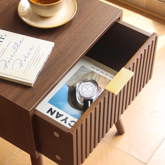 AWASEN Night Stand, Small End Tables Living Room, Mid Century Modern Nightstand Accent Bedside Table with Fluted Drawer for Bedroom and Small Space, Walnut Brown